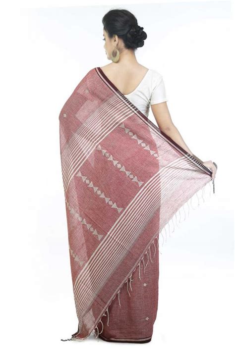 Jamdani Handspun Cotton Saree Crispy Onion TheCrazyLooms