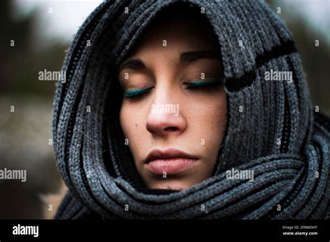 Closeup Of The Detail Of The Closed Eyes Of A Veiled Hispanic Woman