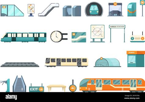 Subway Station Icons Set Cartoon Vector Train Hub Travel People Stock