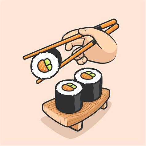 A Hand Holding Chopsticks Over Sushi On A Wooden Tray With Two Pieces