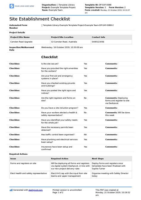 Site Establishment Checklist Free And Editable Checklist Template