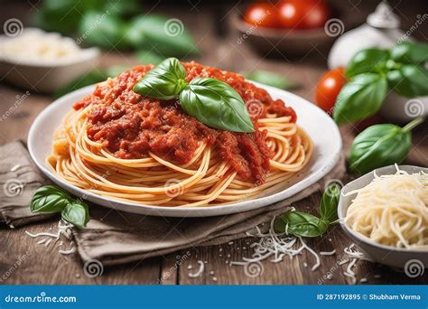 Pasta With Tomato Sauce And Basil On A Table Stock Illustration Illustration Of Homemade