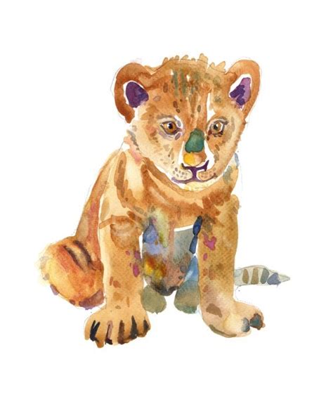 Lion Cub Watercolor Painting Animal Painting by Coconuttowers