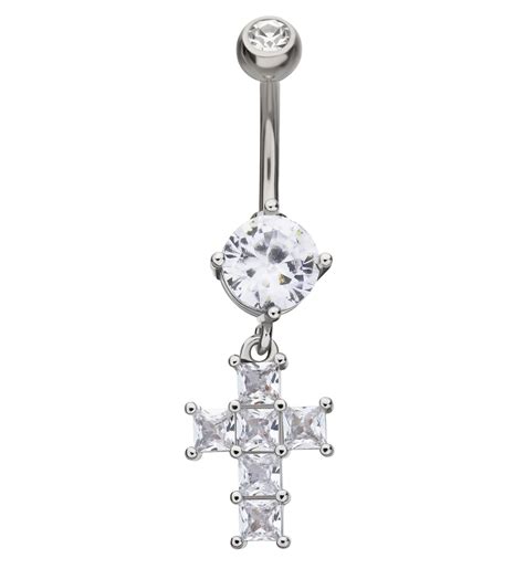 Cross Clear Cz Dangle Stainless Steel Belly Button Ring