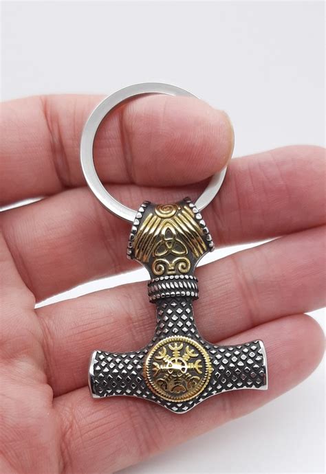 Thors Hammer Keyring Mjolnir Keychain With Vegvisir Icelandic Etsy