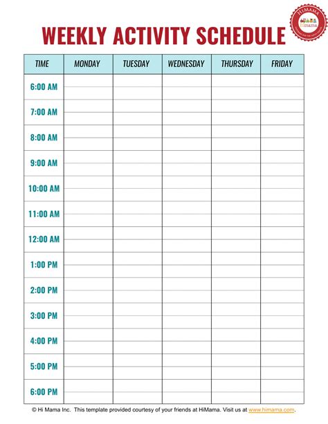 Weekly Activity Schedule Template - Monday to Friday - Hi Mama Download ...