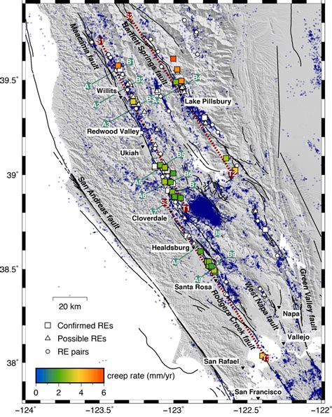 Faults, seismicity and repeating earthquake (RE) locations in the ...