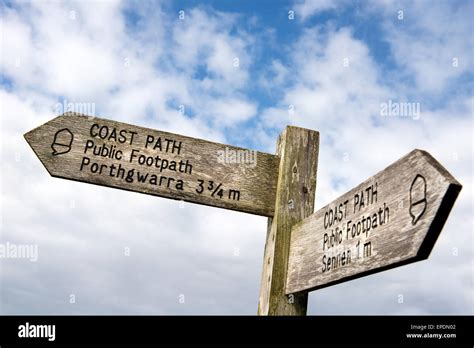 Signpost On The South West Coast Path Near Sennen Cove In Cornwall