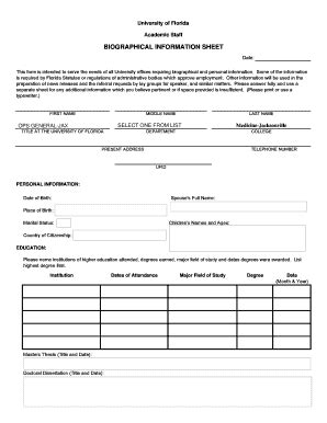 Fillable Online Hscj Ufl BIOGRAPHICAL INFORMATION SHEET Fax Email Print