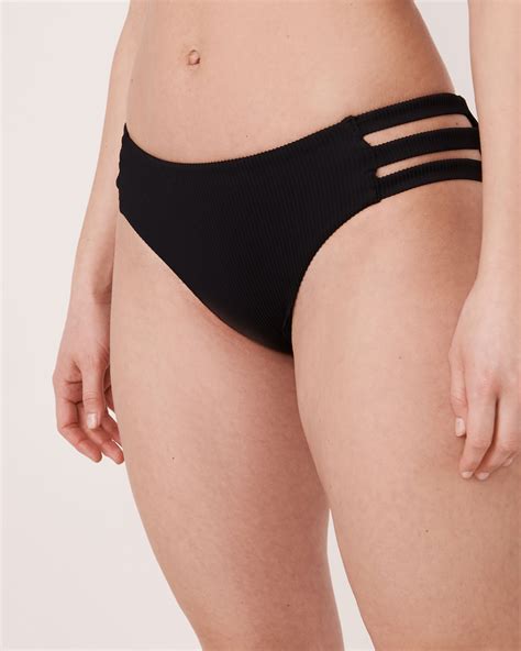 Bas de bikini bandes sur les côtés en fibres recyclées BLACK RIB Noir