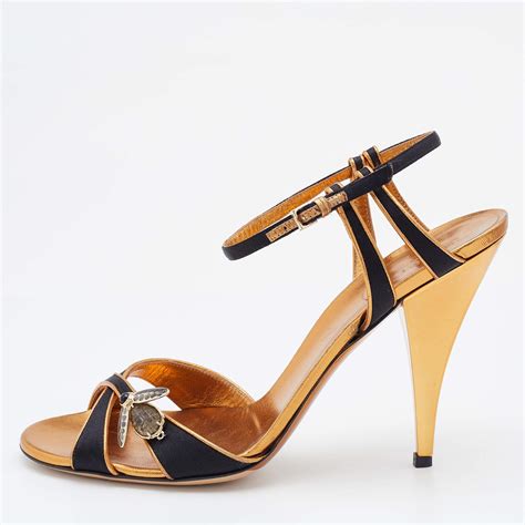 Gucci Black Gold Satin And Leather Embellished Ankle Strap Sandals Size