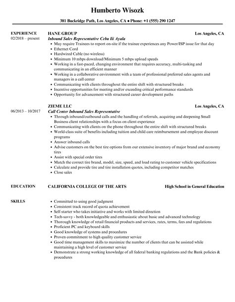 Inbound Sales Representative Resume Samples Velvet Jobs