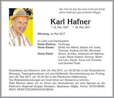 Traueranzeigen Von Karl Hafner Allg Uer Zeitung