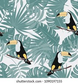 Tropical Seamless Pattern Toucan Leaves Beautiful Stock Vector Royalty