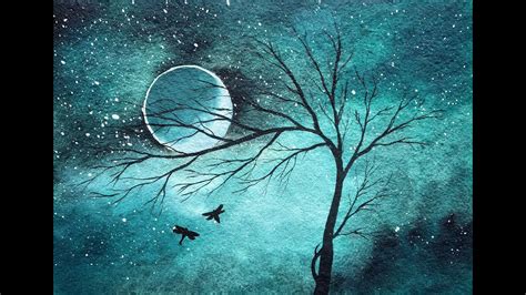 Watercolor Moonlight Night Sky With A Tree Painting Demonstration