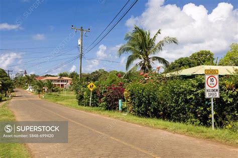 Road Traffic Signs In English In Front Of A School Big Corn Island