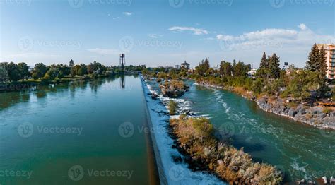 Aerial View Of The Water Fall That The City Of Idaho Falls Id Usa Is