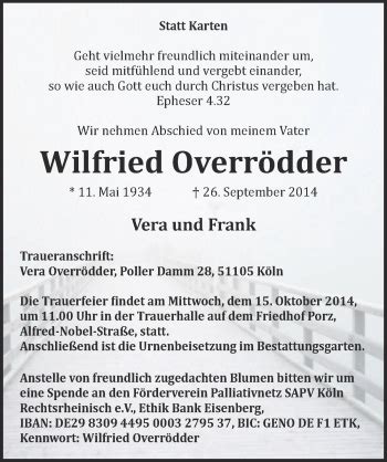 Traueranzeigen Von Wilfried Overr Dder Wirtrauern