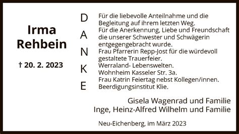 Traueranzeigen Von Irma Rehbein Trauer Hna De