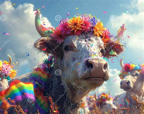 A Farm with Animals Wearing Rainbow Accessories and People Celebrating ...