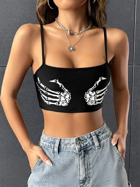 ROMWE PUNK Top De Tirantes Corto Reflectante Esqueleto Con Estampado De