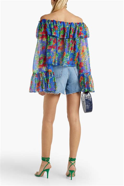 CAROLINE CONSTAS Thelma Off The Shoulder Floral Print Silk Chiffon Top