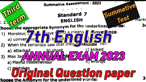 Th English Third Term Summative Exam Question Paper Th Annual