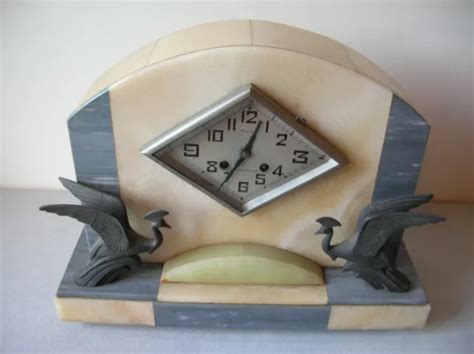 HORLOGE PENDULE MÉCANIQUE Art Déco Metra Cherbourg oiseaux sur marbre