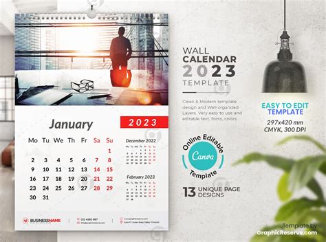 Corporate Business Wall Calendar 2023 (Canva template) - Graphic Reserve