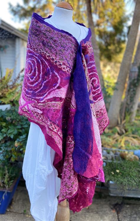 Raspberry Pink Purple Nuno Felted Silk Merino Wool Wrap Vibrant Wool