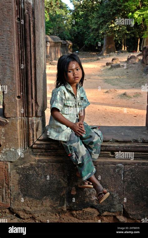 Little Girl In Banteay Srei Temple Citadel Of Woman Angkor Siem Reap