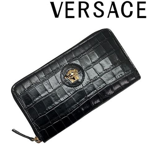 Versace 長財布 ブランド ヴェルサーチェ ベルサーチ クロコ型押し ラ メドゥーサ ジップアラウンド 小銭入れあり ブラック