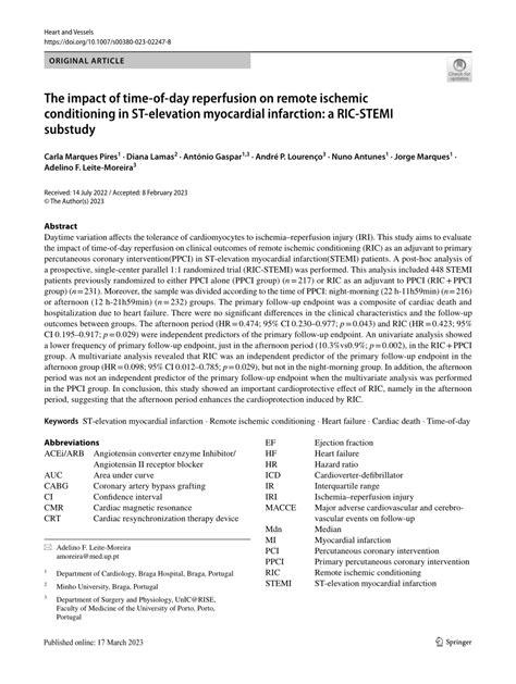 Pdf The Impact Of Time Of Day Reperfusion On Remote Ischemic