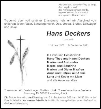 Traueranzeigen Von Hans Deckers Aachen Gedenkt