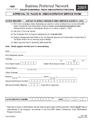 Fillable Online APPROVAL TO PLACE IN DEMONSTRATOR SERVICE FORM Fax