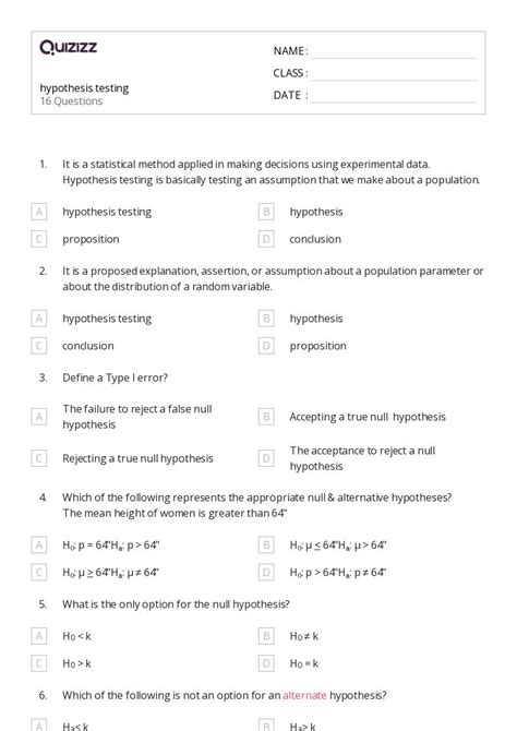 50 Hypothesis Testing Worksheets On Quizizz Free And Printable