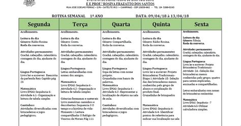 Novas Rotina Semanal Pedagógica 1ºs Anos