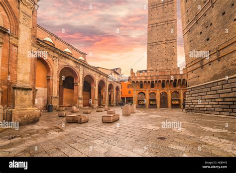 Historic Center Of Bologna In Italy Ancient Buildings And Towers Stock