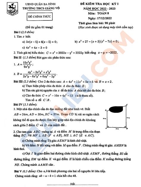 Đề thi học kì 1 Toán 8 có đáp án năm 2022 2023 trường THCS Giảng Võ