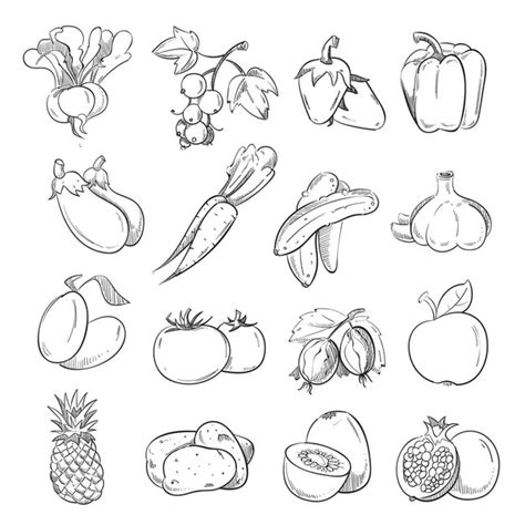 Set Van Fruit En Groenten Hand Tekening Pictogrammen Stockvector