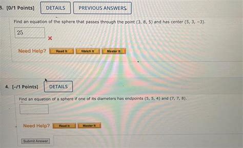 Solved 1 Find An Equation Of The Sphere That Passes Through Chegg