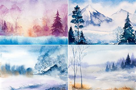 Winter Landscapes set#3. Watercolor. By Alex Green | TheHungryJPEG