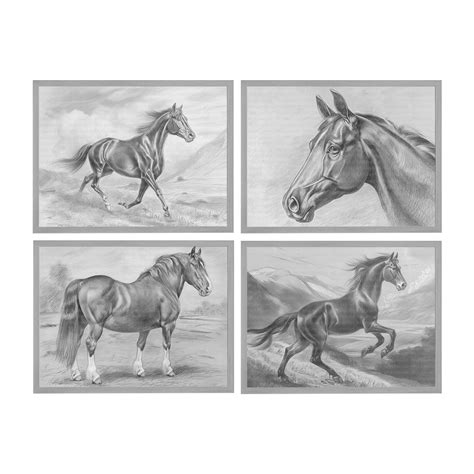 Antique Horse Sketch Drawing Set Of 4 Minimalist Neutral Wall Art