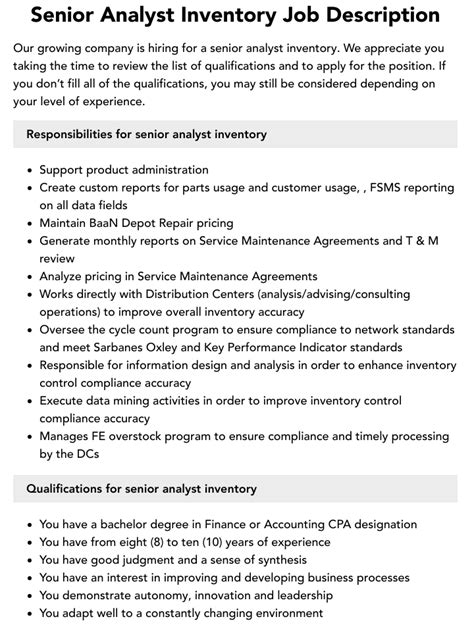 Senior Analyst Inventory Job Description Velvet Jobs