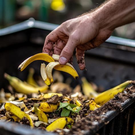 A Hand Placing Banana Peels Into A Compost Bin Filled With Dirt And