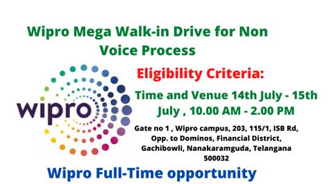 Wipro Mega Walk In Drive For Non Voice Process Time And Venue 14th