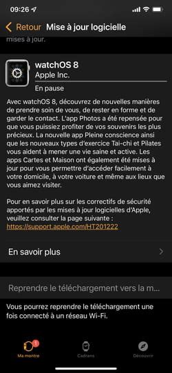 Mise à jour WatchOS installer une nouvelle version sur Apple Watch