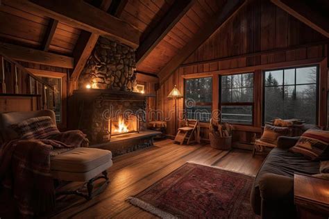 Cozy Cabin Retreat With Open Flames And Crackling Fire In The Fireplace