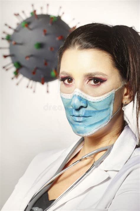 Pretty Lady with Face Painted Mask and Molecule of Corona Virus in ...