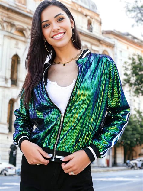 Anna Kaci Striped Metallic Sequin Varsity Jacket For Women